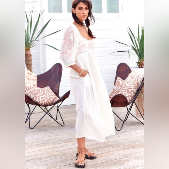 Free People Wedgewood Scoop Neck Blouson Embroidered Sleeves Maxi Dress - Picture 5 of 6